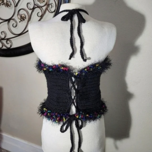 HANDCRAFTED Top Corsetted Cropped Crochet Black Size M - Picture 6 of 13